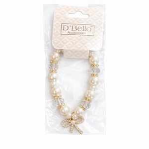 D'Bello White Pearl Beaded Stretch Charm Bracelet Rhinestone Womens Jewelry NEW